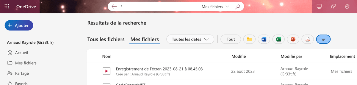 Vue Mes fichiers OneDrive avec le filtre vidéos appliqué