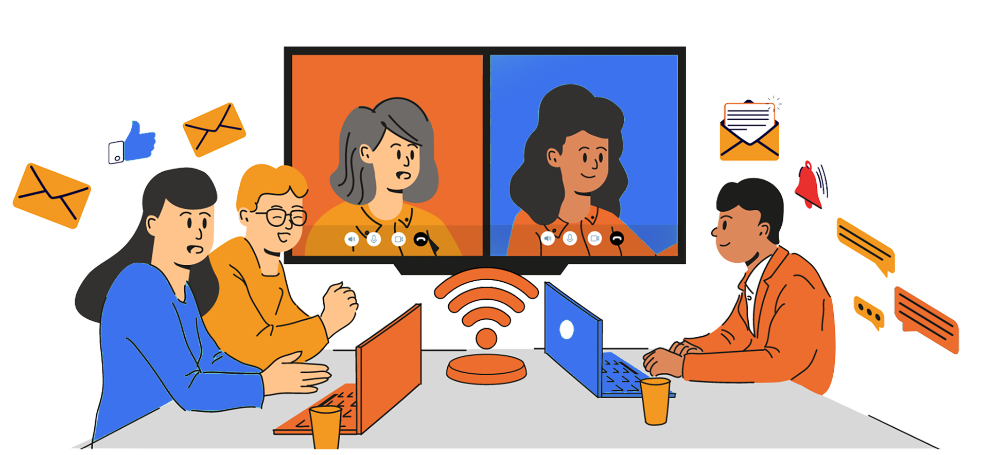 Illustration cartoon d'une équipe en visioconférence saturée par les notifications
